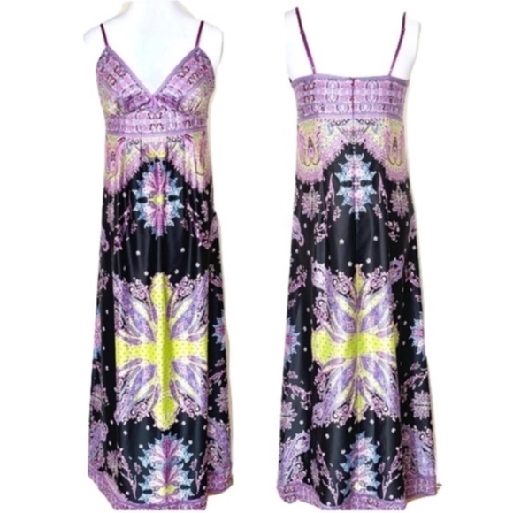 ECI Dresses & Skirts - ECI Purple Black Yellow Scarf Print Charmeuse Silky V Neck Maxi Slip Dress